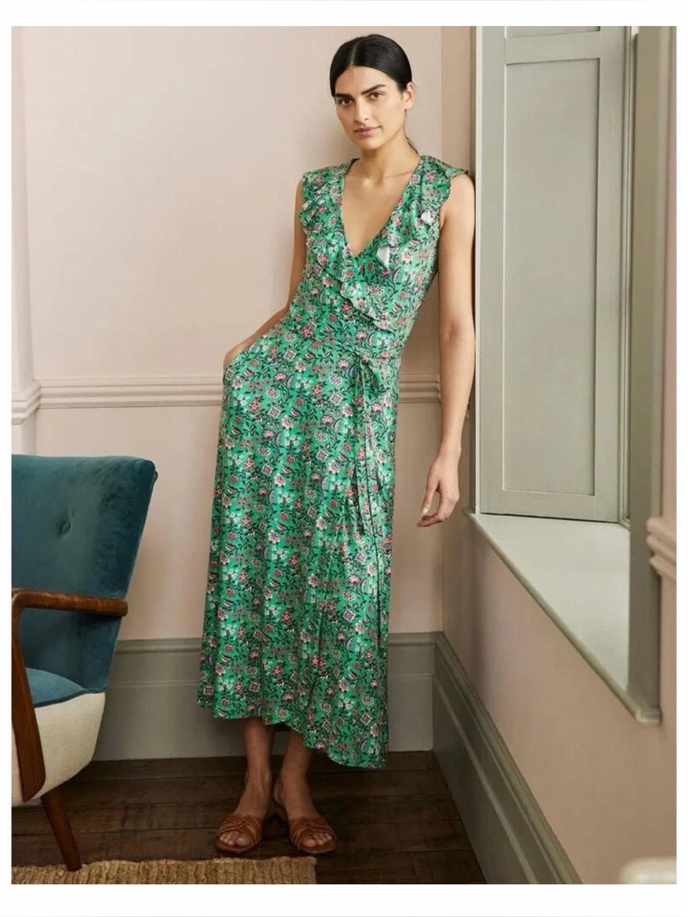 Boden wrap ruffle V-neck dress